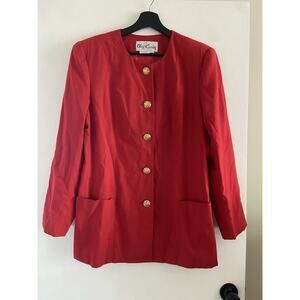 Women's Vintage Oleg Cassini Red Blazer Size 14 Gold Embellished Buttons